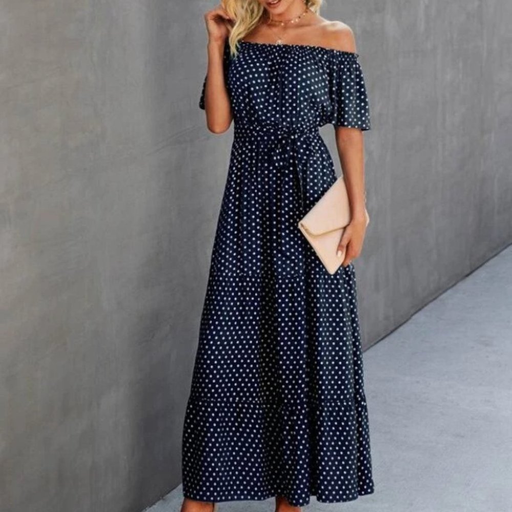 Boho polka-dot shoulder ruffle maxi dress blue - Picture 3 of 6